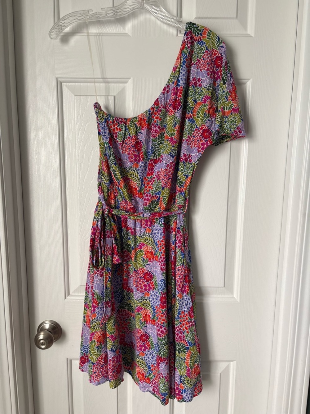 Red Dress Boutique One-Shoulder Floral Dress in Pink, Purple, Green